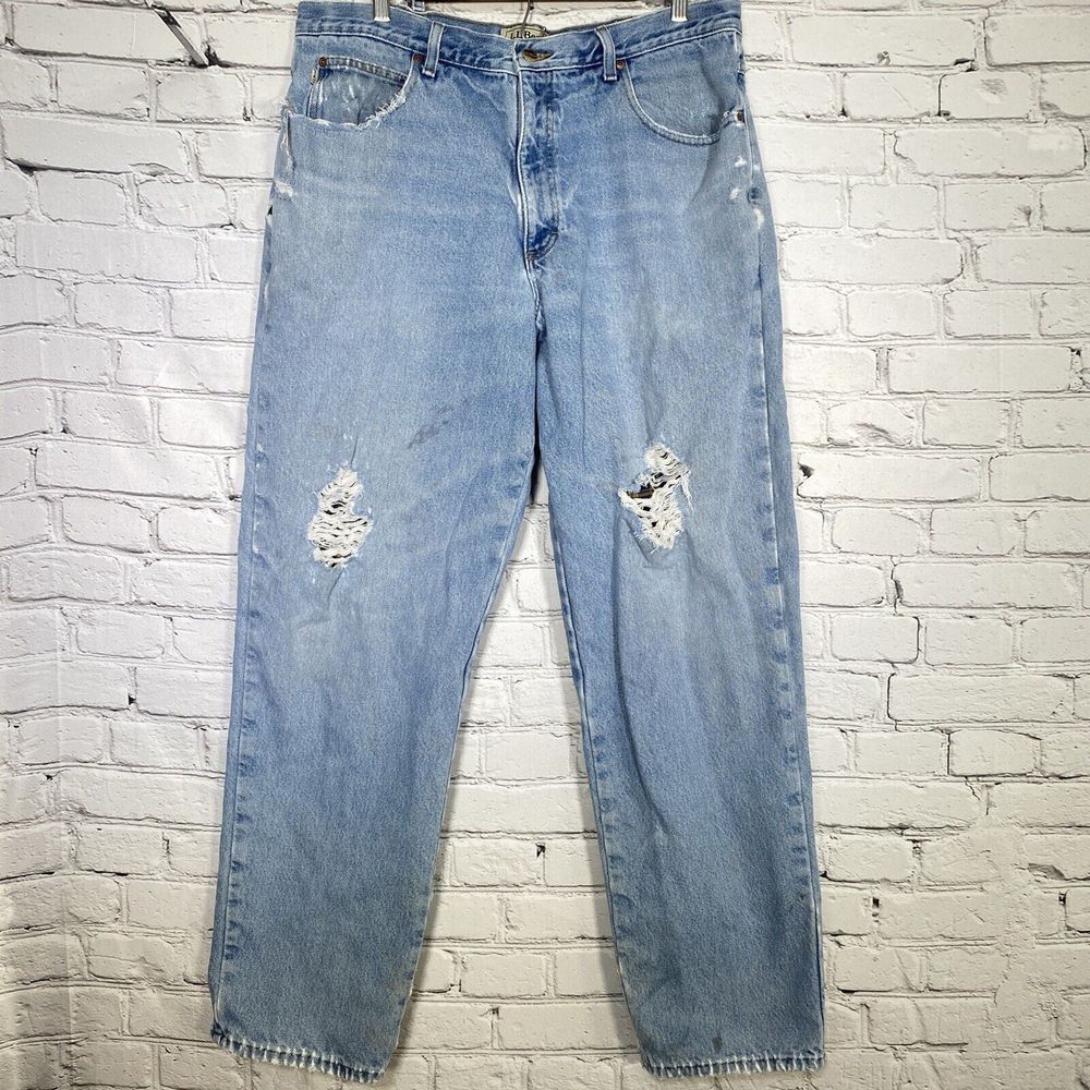LL Bean Double L Relaxed‎ Fit Flannel Lined Jeans Size 36x33 Distressed 139426
